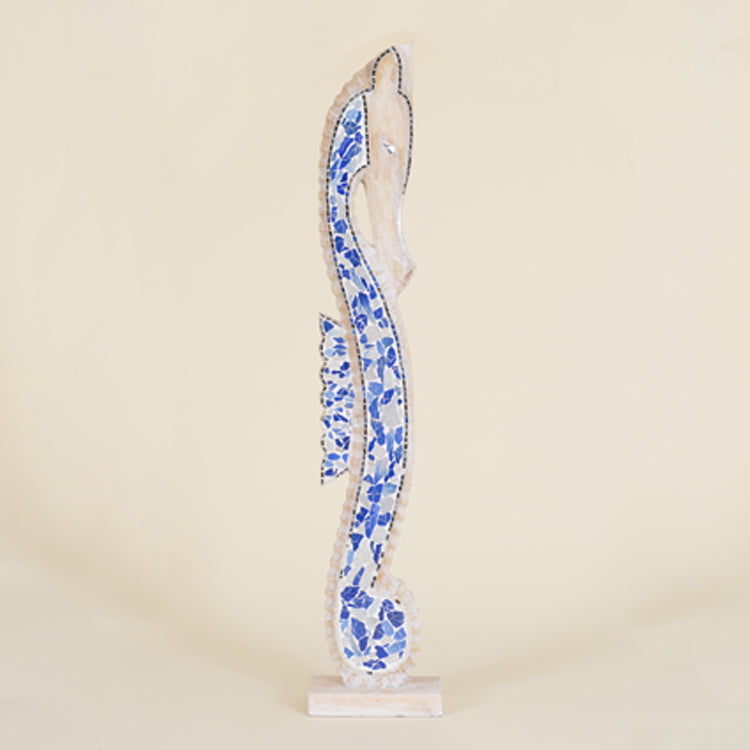 Indoor Large Wooden Seahorse with Blue & White Mosaic Design