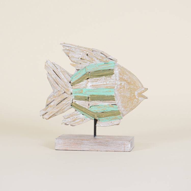 Indoor Wooden Fish On Stand with Aqua & Green Highlights