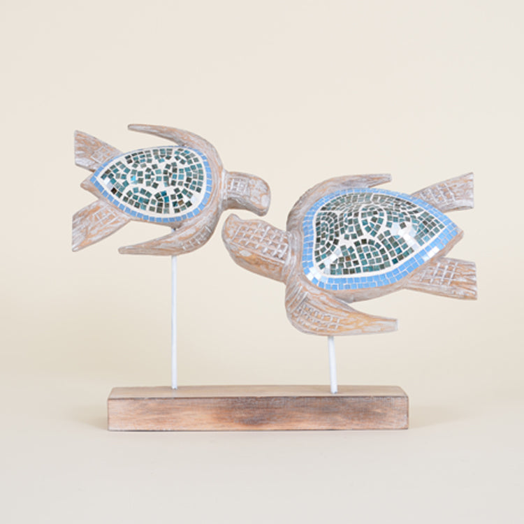 Indoor Double Wooden Mosaic Sea Turtles on a Stand