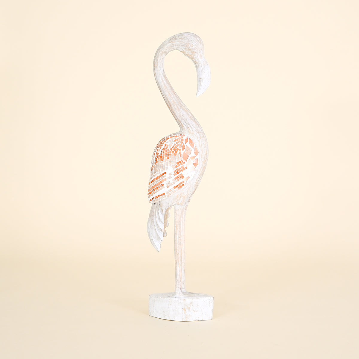 Wood Flamingo with Coral and White Mosaic