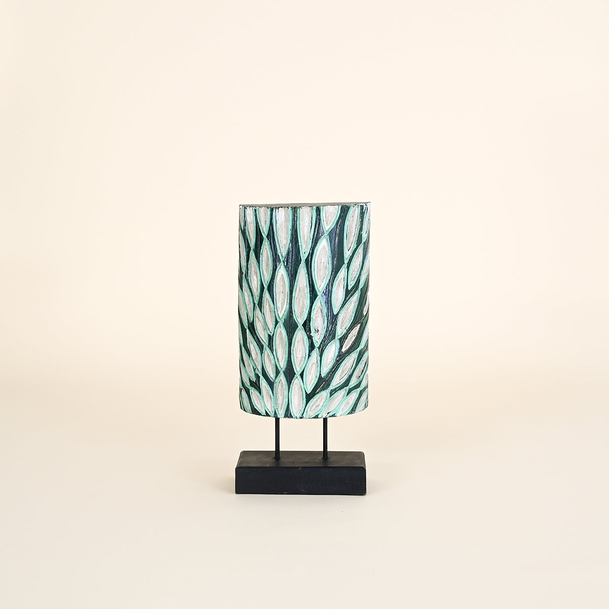 Carving on Black Stand, Blue, Teal and White Wash