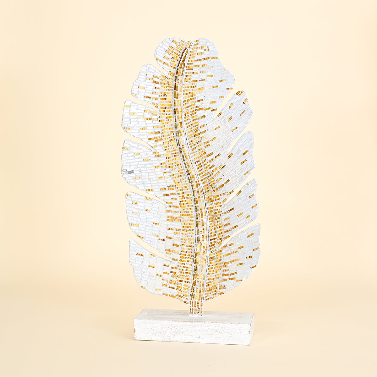 Mosaic Leaf on Stand, White, Silver and Yellow