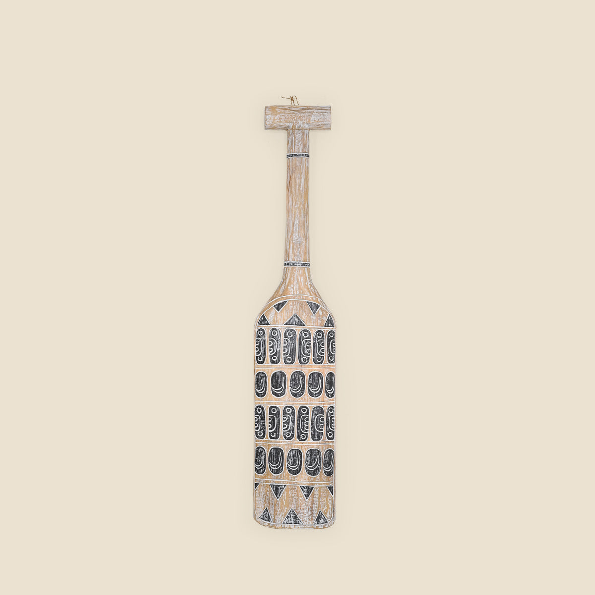 Small Carved Wooden Paddle, Natural, White and Dark Grey