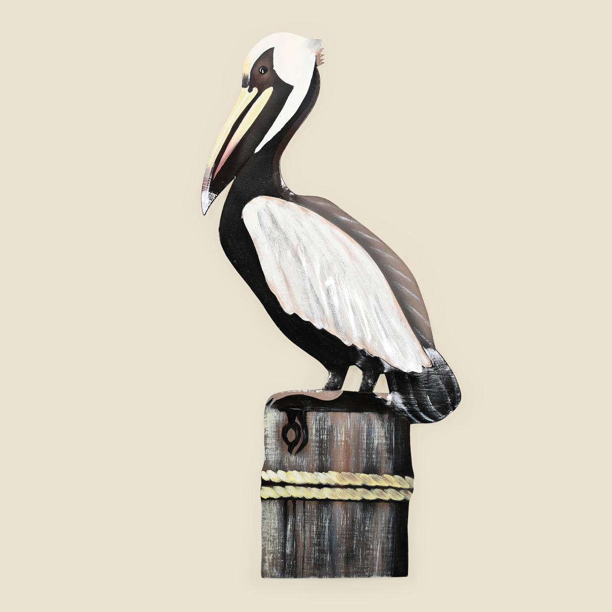 Pelican on Piling Metal Wall Art, Left Facing